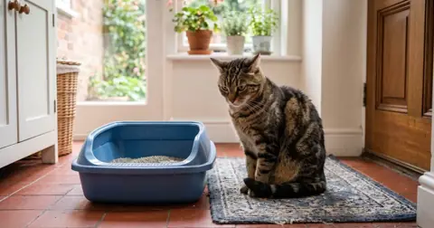 Cat sitting uncomfortably next to a clean litter tray, possibly needing cat laxatives