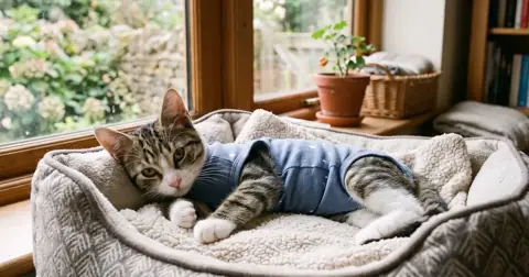 Young cat recovering at home in a surgical body suit: aftercare is part of the cat neutering cost