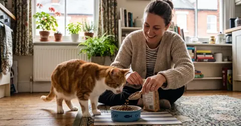 Cat sitter refilling a cat's food bowl in a bright British flat