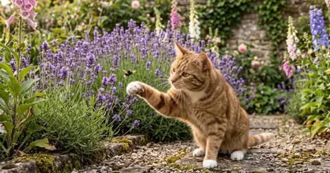 Cat pawing at a bee near lavender, moments before a cat stung by a bee needs first aid