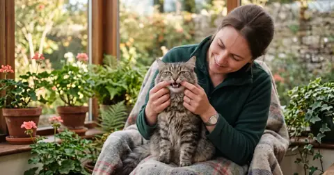Vet gently lifting a cat's lower lip to examine a cat swollen lip