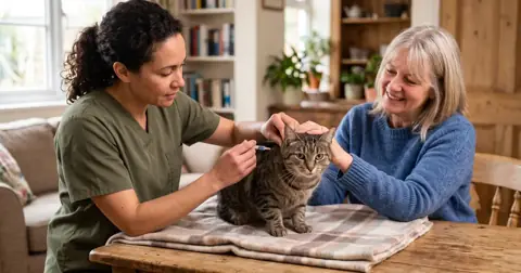 Vet giving a cat a vaccination at the scruff, part of routine cat vaccinations cost