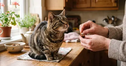 Owner hiding one of the cat worming tablets in a soft treat for a tabby cat