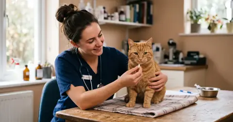 Vet nurse holding a ginger cat with a worming tablet ready for routine cat worming
