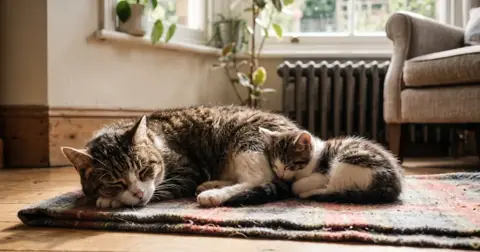 Senior tabby cat and young kitten side by side, illustrating the cat years calculator
