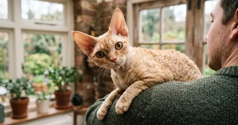Curly-coated Devon Rex cat with large ears perched on a shoulder