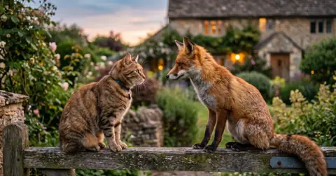 Fox and cat facing each other on a garden fence at dusk, showing whether foxes and badgers attack cats
