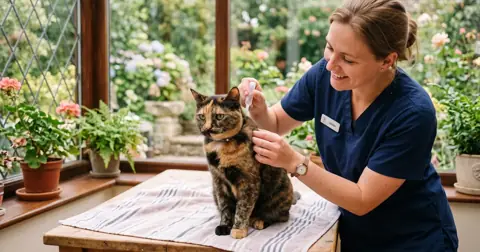 Vet nurse applying Dronspot for cats spot-on wormer to a calm tortoiseshell cat