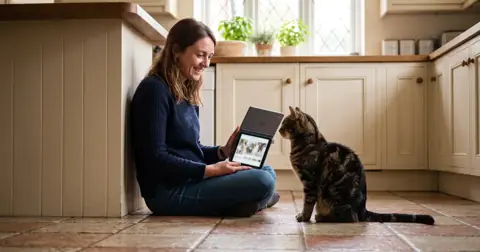 Tabby cat looking up at its owner holding a Drontal for cats worming tablet