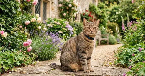 Cat wearing one of the flea collars for cats with a breakaway buckle in a sunny British garden