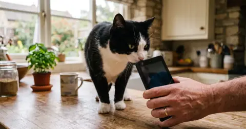 Curious black-and-white cat sniffing one of the flea tablets for cats held by its owner