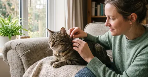 Owner parting a tabby cat's fur to check for fleas before choosing a flea treatment for cats