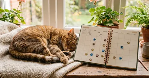 Sleeping cat beside a planner with flea and wormer for cats reminder stickers