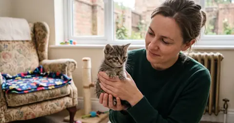 Volunteer holding a young foster cat in a cosy spare room set up for fostering