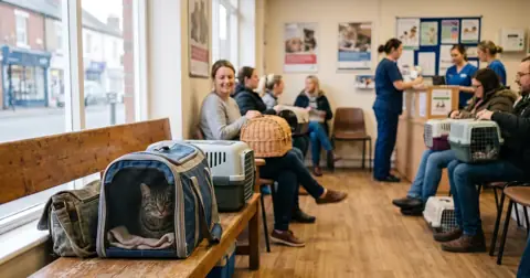 Busy UK charity vet clinic waiting room offering free cat neutering to eligible owners