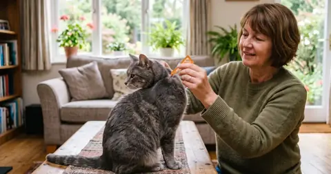 Owner applying Frontline for cats spot-on pipette to the back of a grey cat's neck