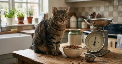 Cat eating wet food from a bowl, showing how much to feed a cat each day