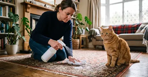 Owner using an enzyme cleaner on a rug to remove cat urine smell while a cat watches