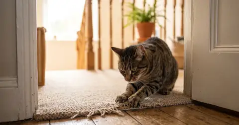Cat scratching the edge of a carpet near a doorway, showing how to stop a cat scratching carpet