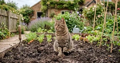 Cat sitting in a freshly dug British vegetable bed, the reason to stop cats pooping in your garden