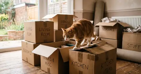 Cat exploring cardboard moving boxes in a new house while keeping a cat in after moving