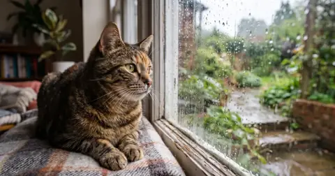 Cat with a runny nose looking out of a rainy window, often given lysine for cats