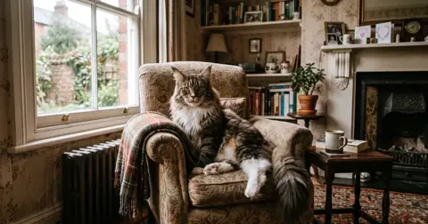 Large Maine Coon cat with ear tufts sitting in a cosy British living room