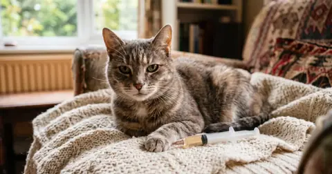 Oral dosing syringe of Metacam for cats next to an elderly cat resting on a blanket