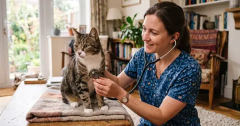 Vet listening with a stethoscope to check a normal cat heart rate