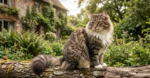 Norwegian Forest cat sitting on a wooden log outdoors