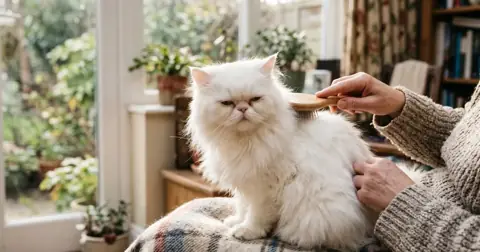 White Persian cat being gently brushed