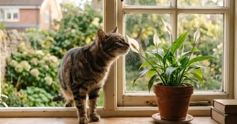 Cat sniffing a peace lily on a windowsill, one of many plants poisonous to cats