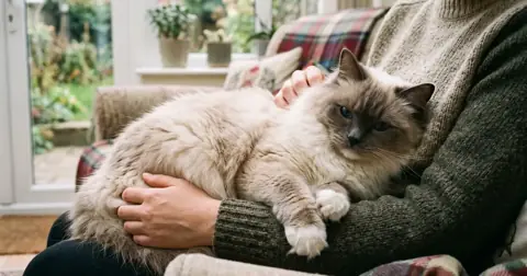 Fluffy blue-eyed Ragdoll cat lying relaxed in someone's arms
