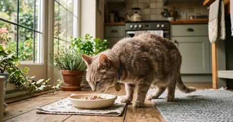 Senior cat eating slowly from a shallow bowl, typical of cats on a renal diet for cats