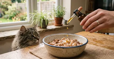 Drops of salmon oil for cats being added to a cat's food bowl