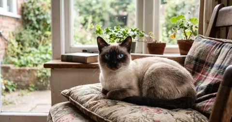 Seal point Siamese cat with bright blue eyes on a cushion