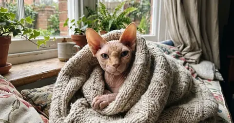 Sphynx cat wrapped in a soft knitted blanket