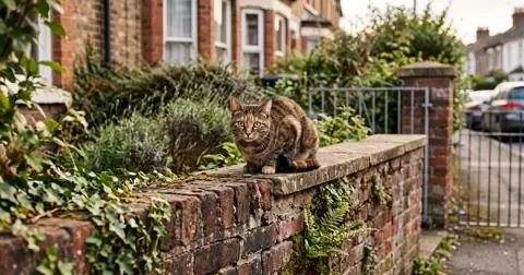 Thin ginger stray cat sitting on a garden wall, a possible stray or feral cat