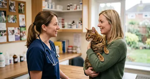 Vet talking to an owner holding a Bengal cat about Stronghold for cats