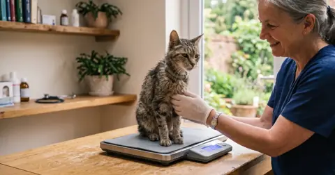 Older thin cat being weighed at the vet before starting Thyronorm for cats