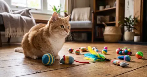 Cat looking at colourful toys on a wooden floor, showing what colours cats can see