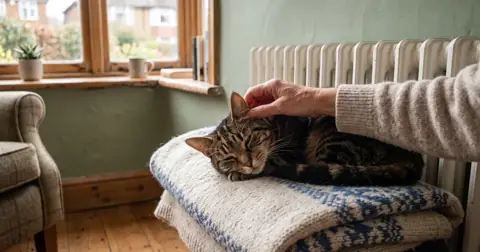 Owner gently feeling a sleepy cat's ears to check whether the cat's ears are hot or cold