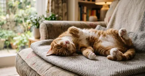 Cat fast asleep on its back on a sofa, a common position when cats snore