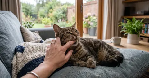 Cat gently biting an owner's hand while being stroked on a sofa, explaining why does my cat bite me