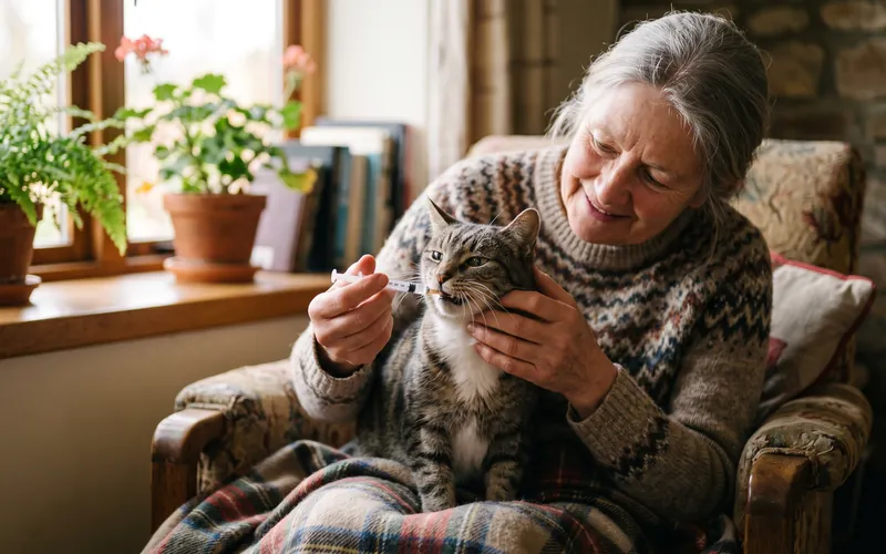 Owner giving Thyronorm for cats liquid to a senior cat with a dosing syringe