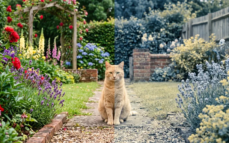 Garden scene in full colour beside the muted blue-yellow version showing what colours cats see