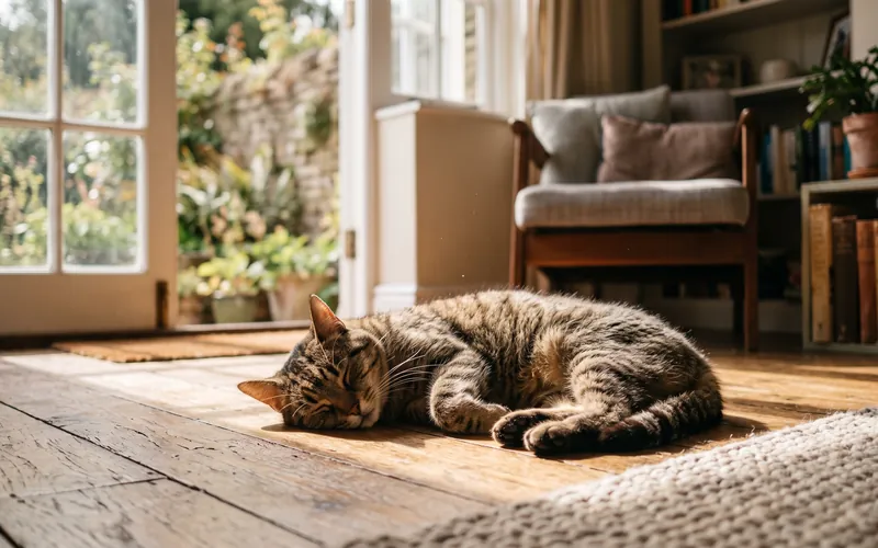Cat sleeping in a sunny spot, a common reason a cat's ears feel warm