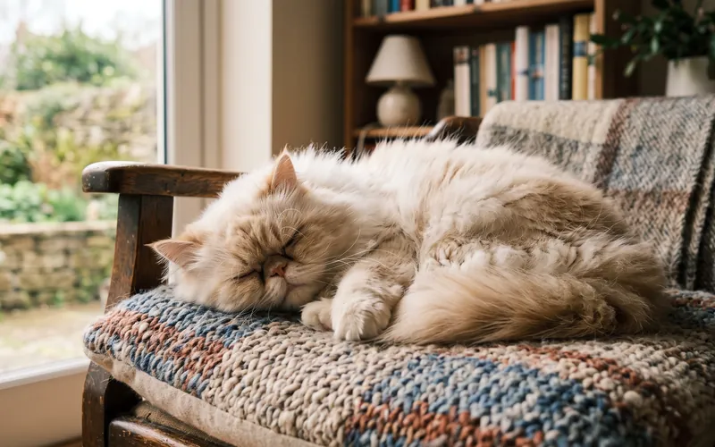 Flat-faced Persian cat sleeping on a cushion, a breed where cats snore more often