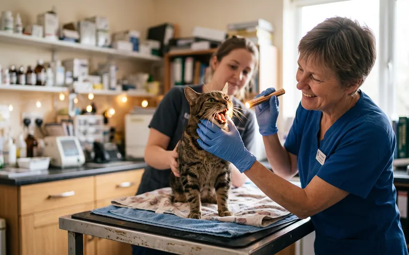 Vet examining a cat's mouth with a light to check for causes of cat drooling Vet examining a cat's mouth with a light to check for causes of cat drooling