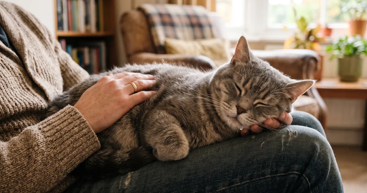 Relaxed purring cat on a lap with drool on its chin, answering why is my cat drooling Relaxed purring cat on a lap with drool on its chin, answering why is my cat drooling